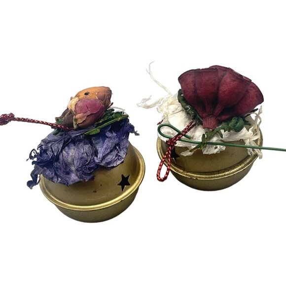 vintage Christmas set of 2 bells ornaments gold floral hand made snowflake READ - Picture 1 of 4